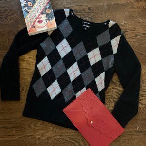 APT 9 Argyle Cashmere Black V-Neck Sweater (FREE SHIPPING)